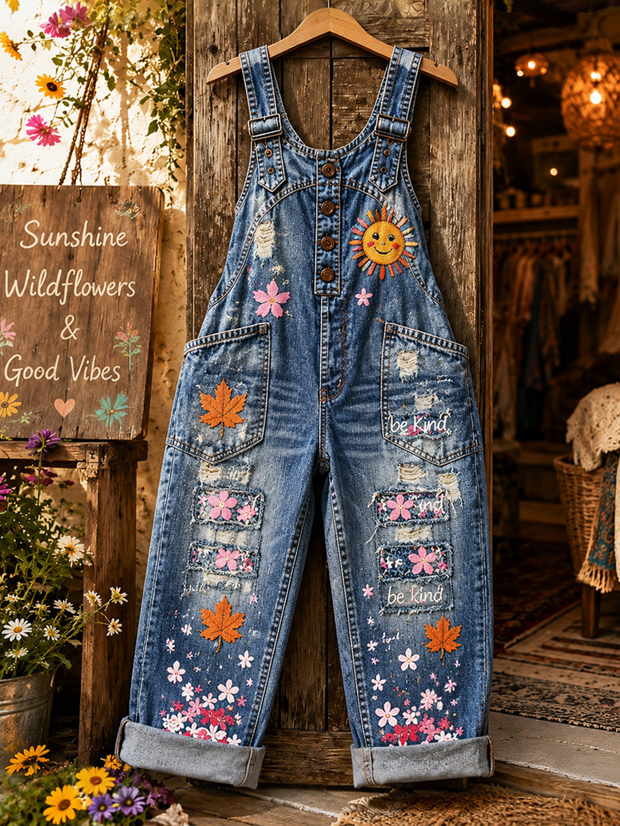 Women's Retro Style Art Print Washed Cotton Denim Patchwork Jumpsuit